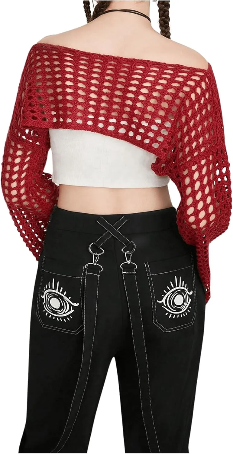 SHENHE Women's Hollow Out Knit Bolero Shrug Crochet Cropped Sweater Top Bell Long Sleeve Y2K Cover Up Top
