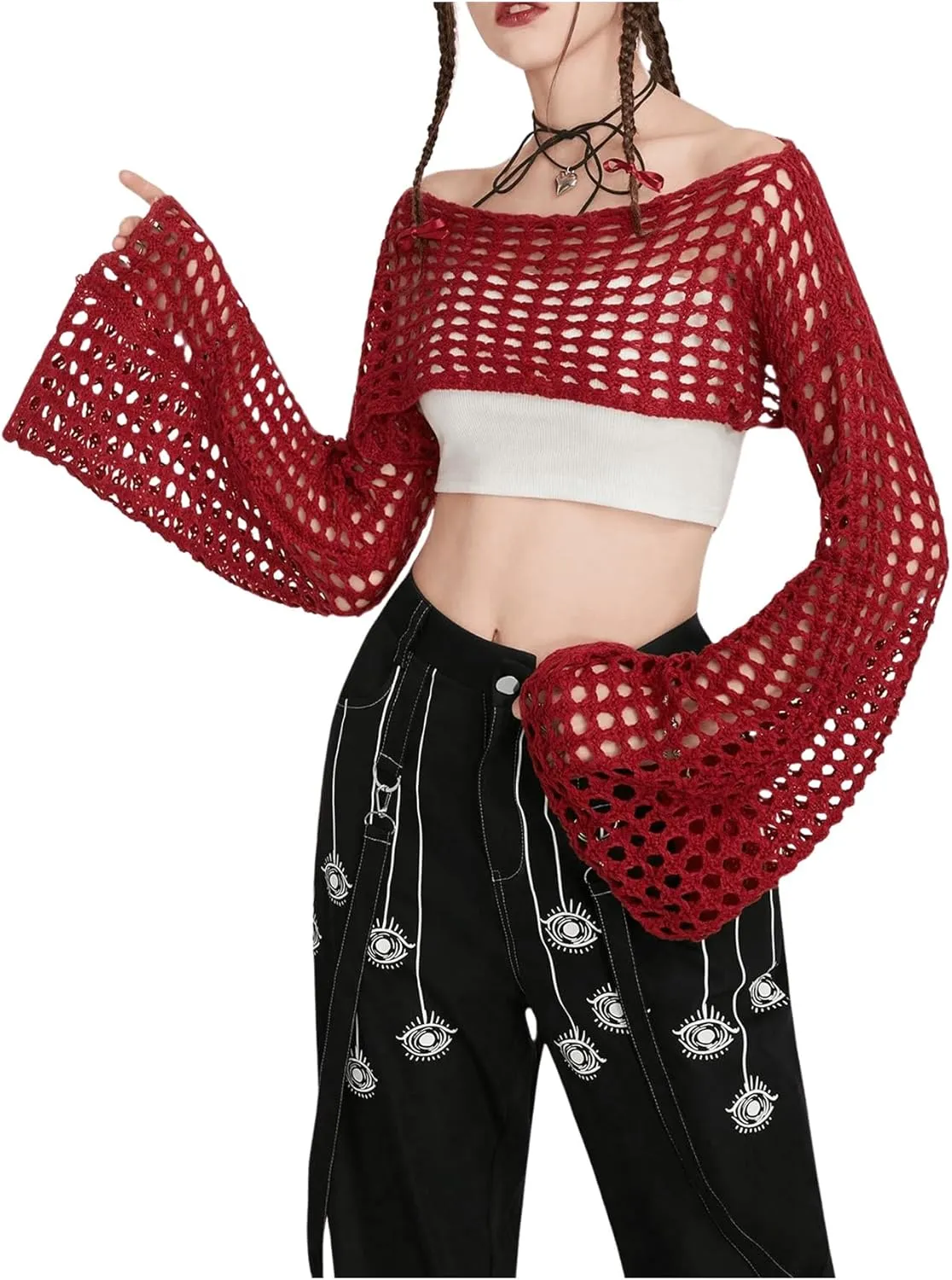 SHENHE Women's Hollow Out Knit Bolero Shrug Crochet Cropped Sweater Top Bell Long Sleeve Y2K Cover Up Top