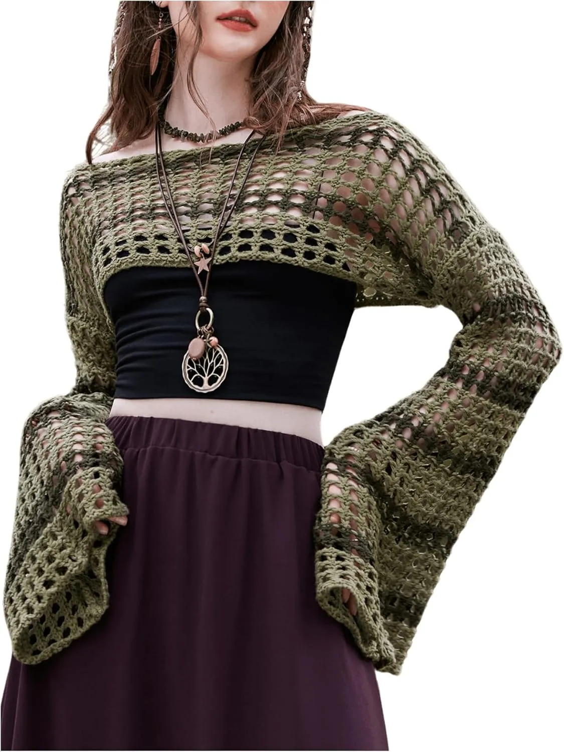 SHENHE Women's Hollow Out Knit Bolero Shrug Crochet Cropped Sweater Top Bell Long Sleeve Y2K Cover Up Top