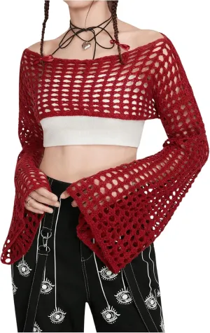 SHENHE Women's Hollow Out Knit Bolero Shrug Crochet Cropped Sweater Top Bell Long Sleeve Y2K Cover Up Top