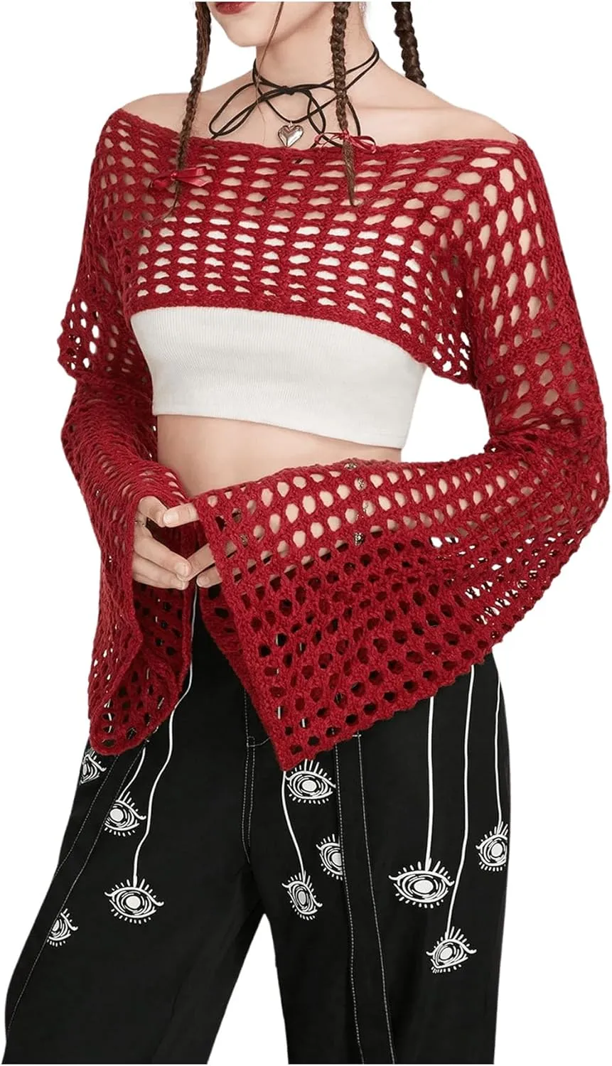 SHENHE Women's Hollow Out Knit Bolero Shrug Crochet Cropped Sweater Top Bell Long Sleeve Y2K Cover Up Top