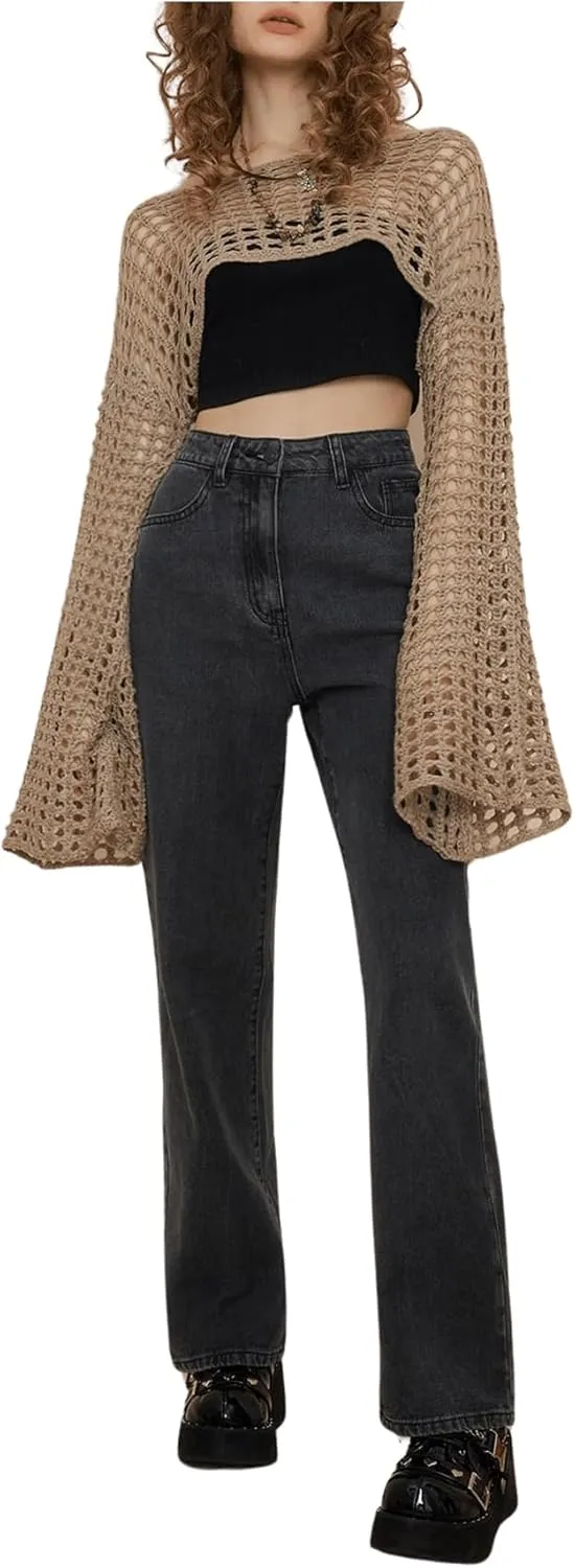 SHENHE Women's Hollow Out Knit Bolero Shrug Crochet Cropped Sweater Top Bell Long Sleeve Y2K Cover Up Top