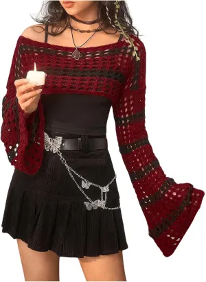 SHENHE Women's Hollow Out Knit Bolero Shrug Crochet Cropped Sweater Top Bell Long Sleeve Y2K Cover Up Top
