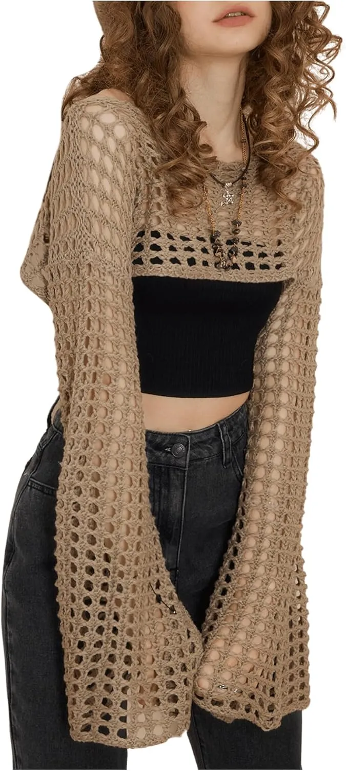SHENHE Women's Hollow Out Knit Bolero Shrug Crochet Cropped Sweater Top Bell Long Sleeve Y2K Cover Up Top