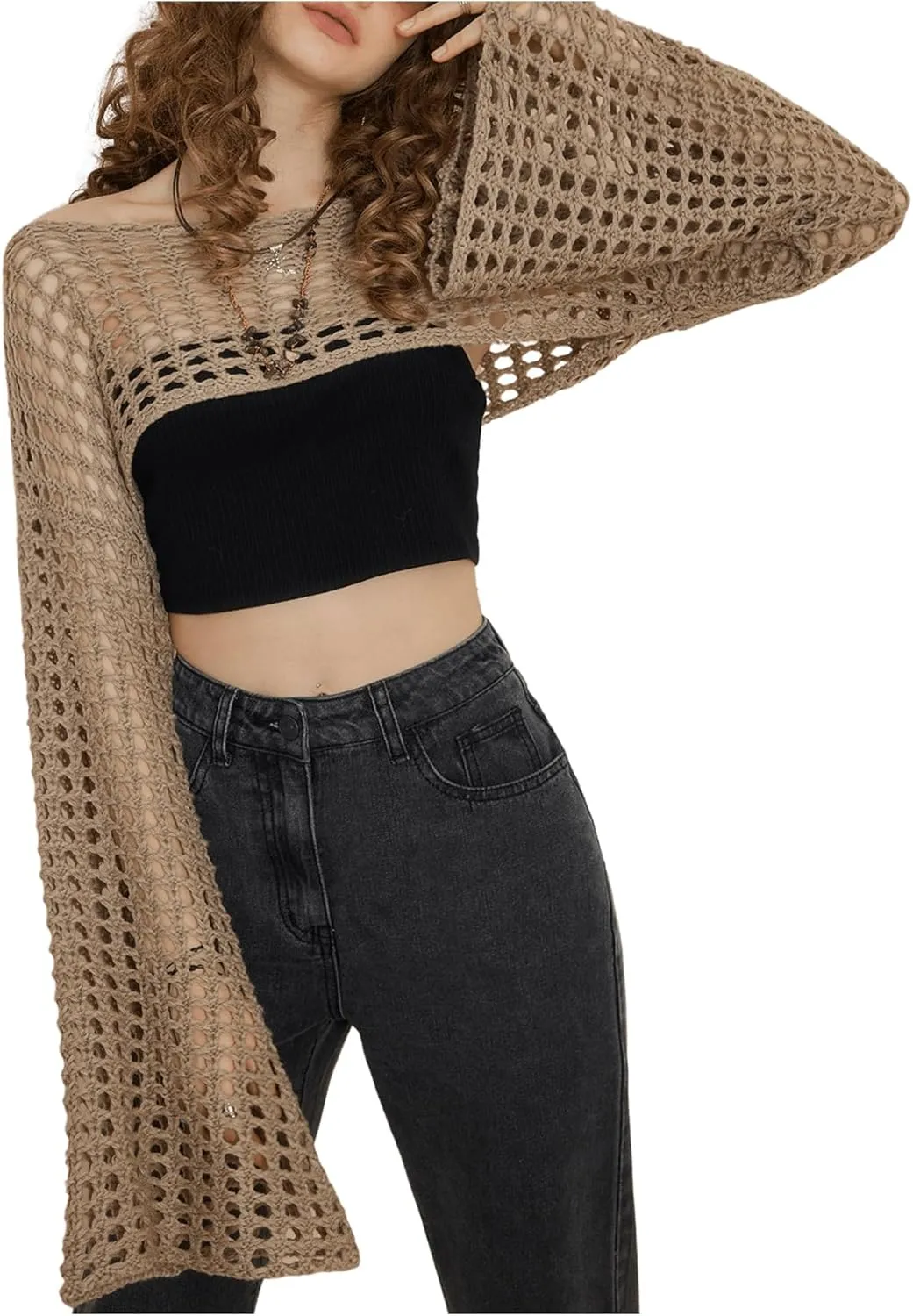 SHENHE Women's Hollow Out Knit Bolero Shrug Crochet Cropped Sweater Top Bell Long Sleeve Y2K Cover Up Top