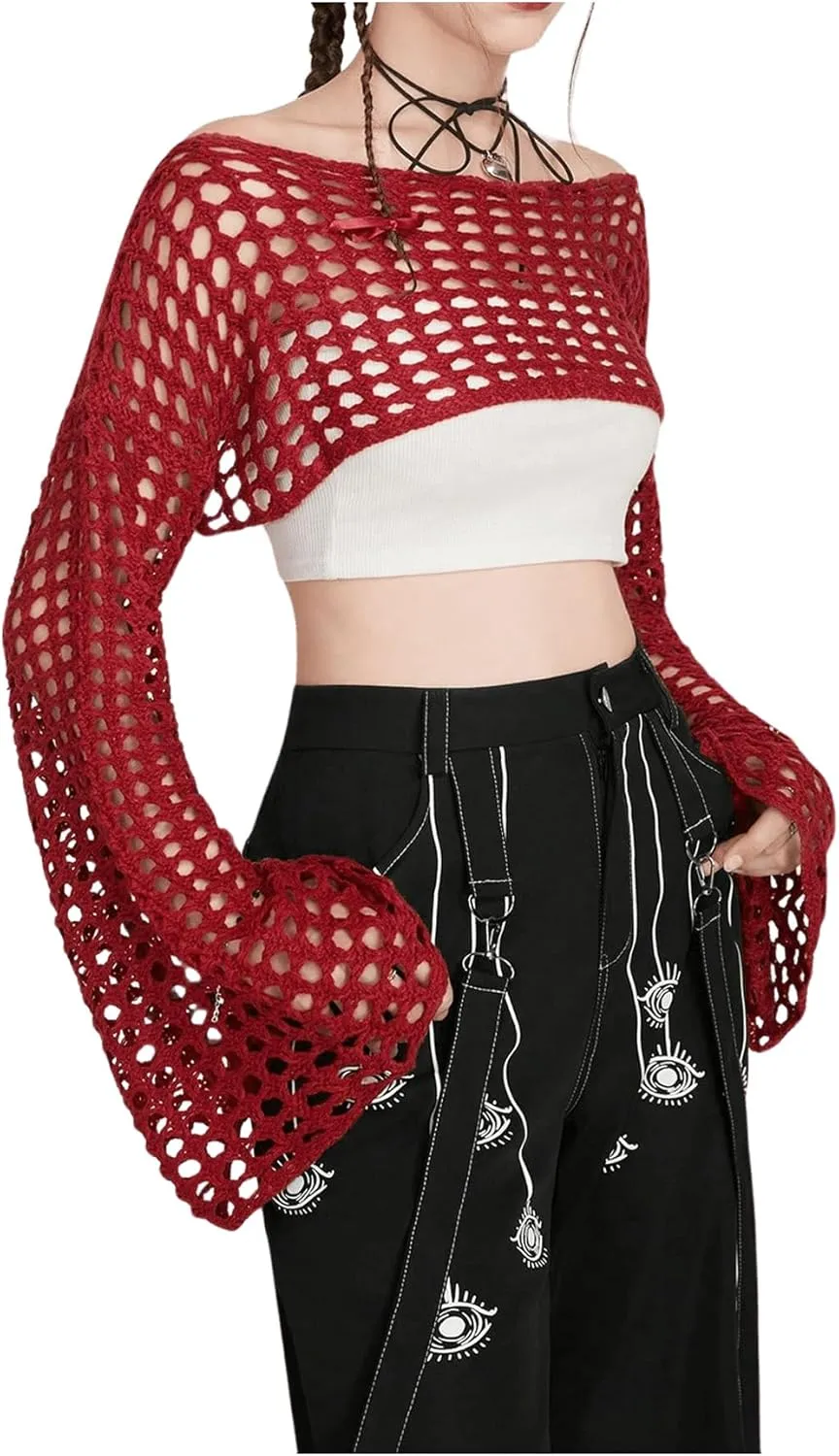 SHENHE Women's Hollow Out Knit Bolero Shrug Crochet Cropped Sweater Top Bell Long Sleeve Y2K Cover Up Top
