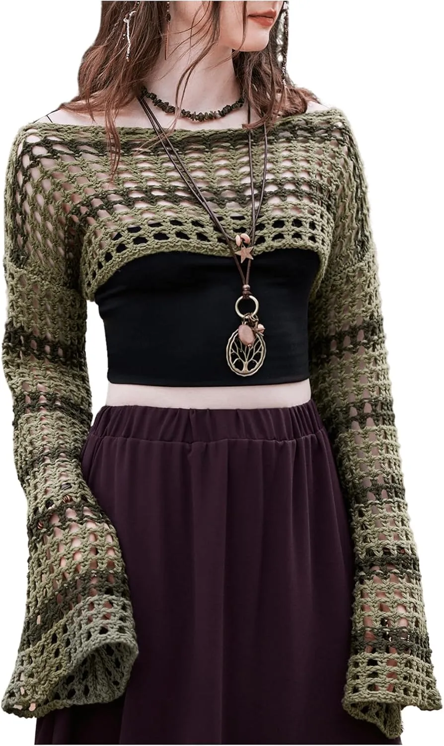 SHENHE Women's Hollow Out Knit Bolero Shrug Crochet Cropped Sweater Top Bell Long Sleeve Y2K Cover Up Top