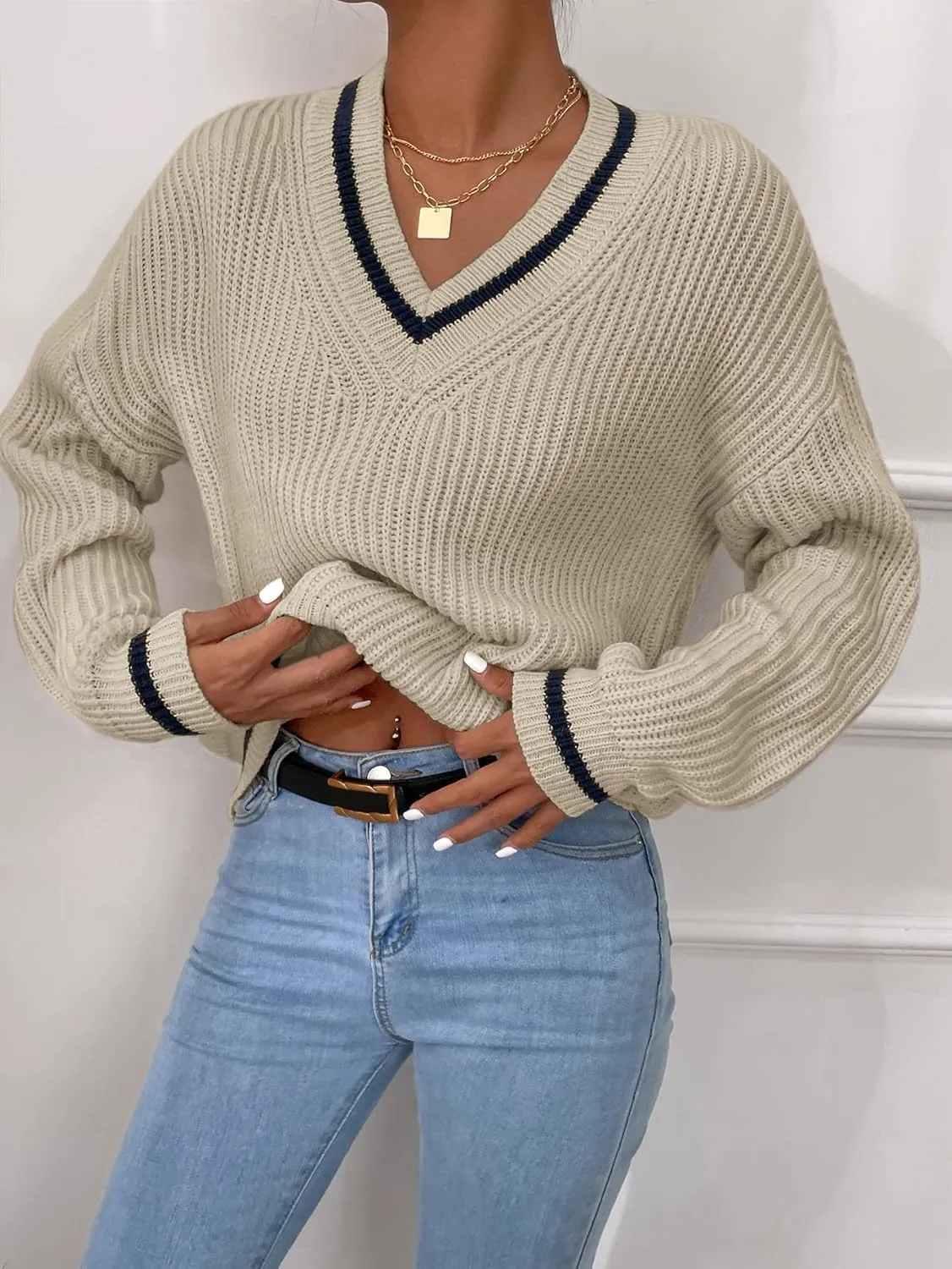 SHENHE Women's V Neck Ribbed Knit Long Sleeve Drop Shoulder Pullover Sweater Tops