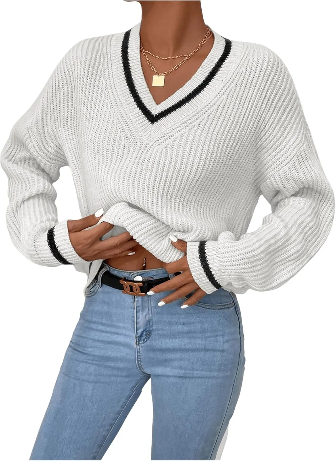 SHENHE Women's V Neck Ribbed Knit Long Sleeve Drop Shoulder Pullover Sweater Tops