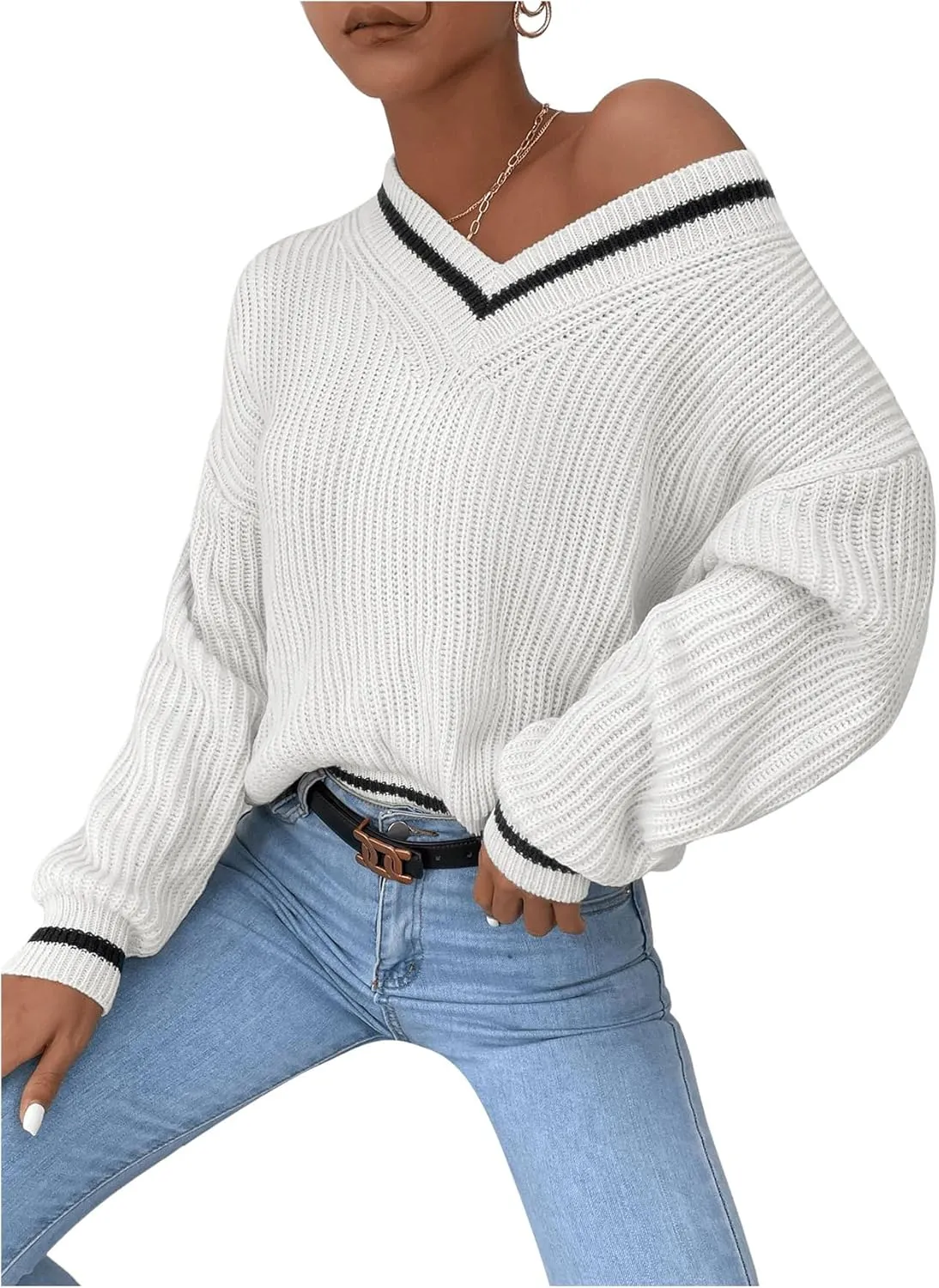 SHENHE Women's V Neck Ribbed Knit Long Sleeve Drop Shoulder Pullover Sweater Tops