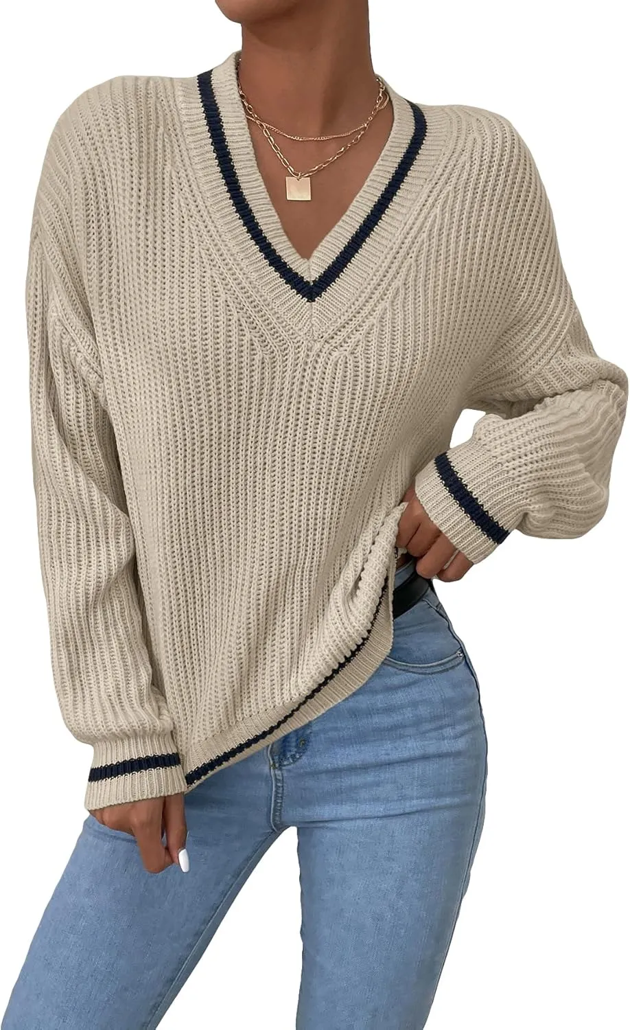 SHENHE Women's V Neck Ribbed Knit Long Sleeve Drop Shoulder Pullover Sweater Tops