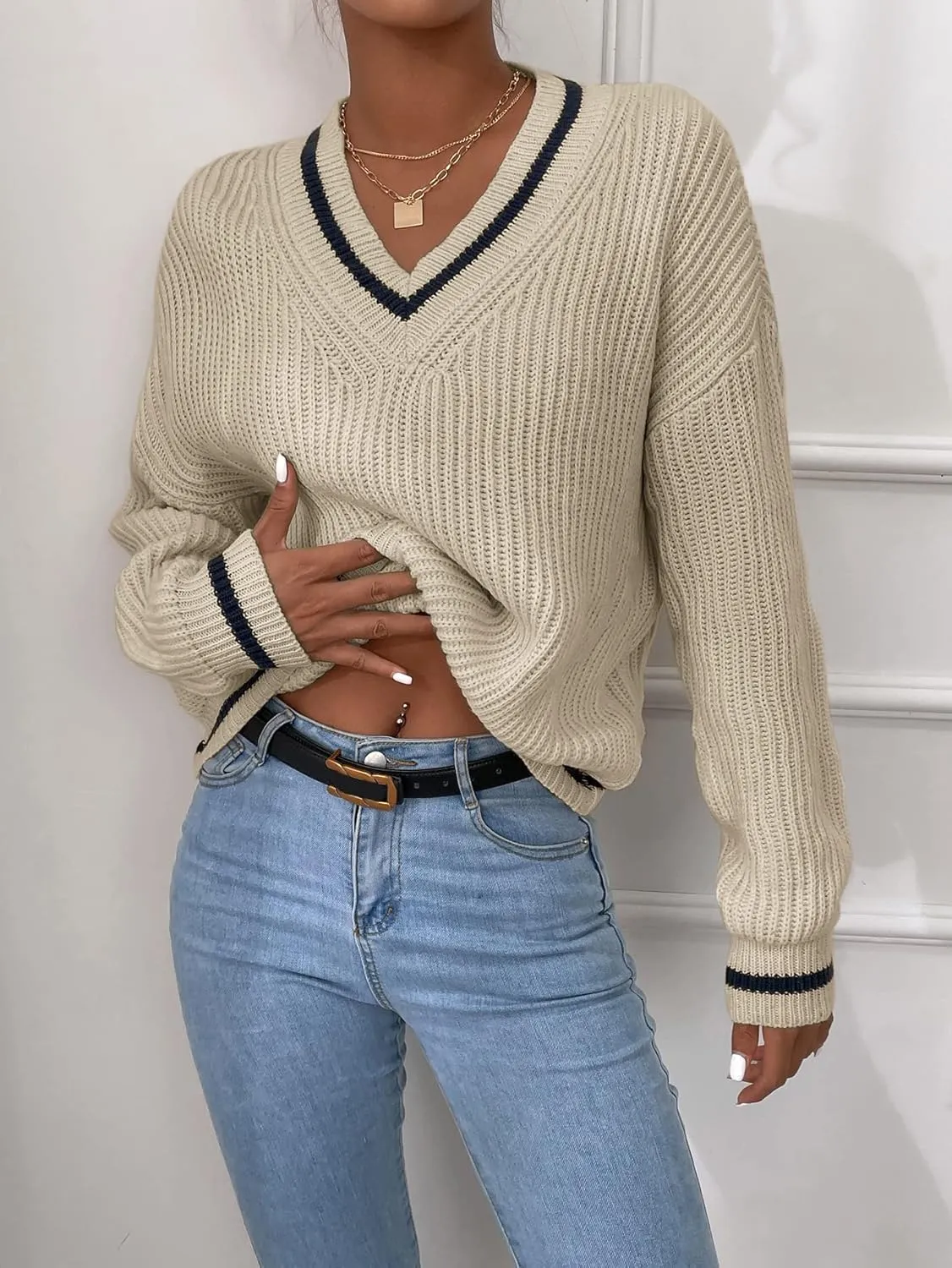 SHENHE Women's V Neck Ribbed Knit Long Sleeve Drop Shoulder Pullover Sweater Tops