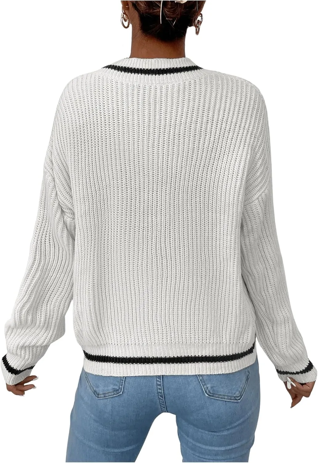SHENHE Women's V Neck Ribbed Knit Long Sleeve Drop Shoulder Pullover Sweater Tops