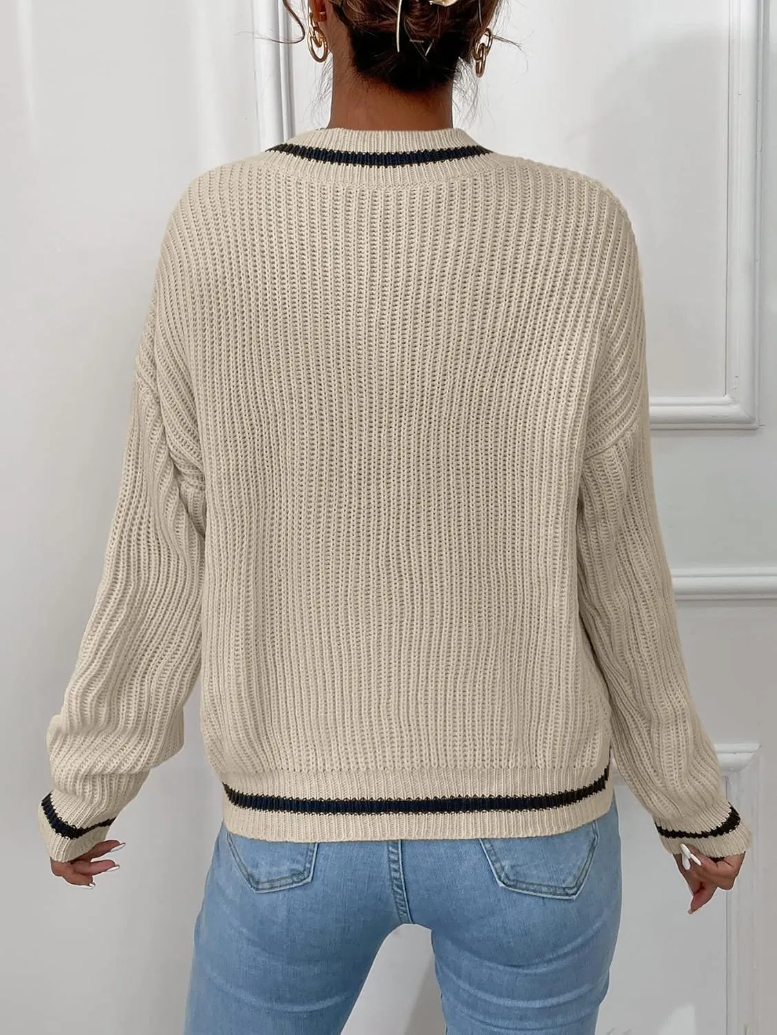 SHENHE Women's V Neck Ribbed Knit Long Sleeve Drop Shoulder Pullover Sweater Tops