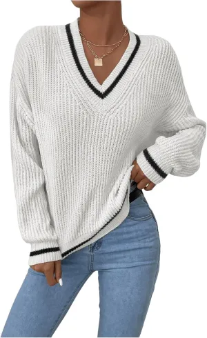 SHENHE Women's V Neck Ribbed Knit Long Sleeve Drop Shoulder Pullover Sweater Tops