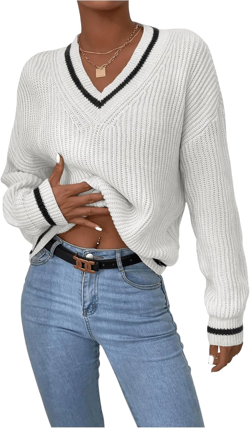 SHENHE Women's V Neck Ribbed Knit Long Sleeve Drop Shoulder Pullover Sweater Tops