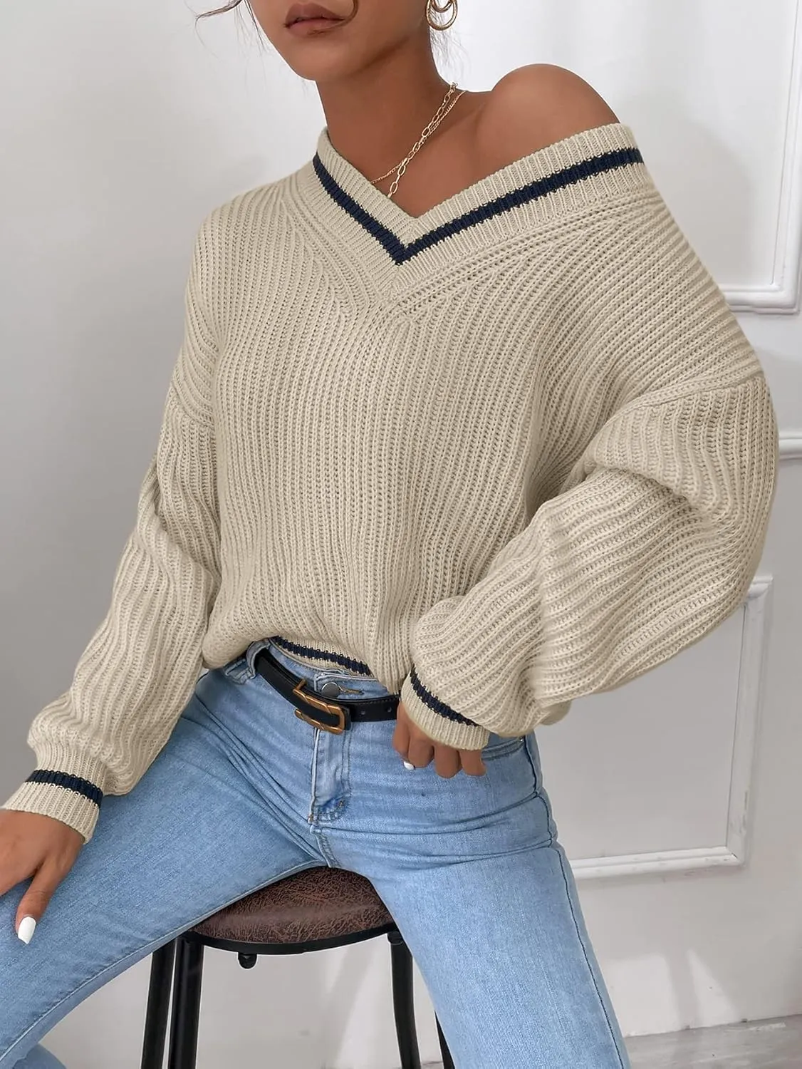SHENHE Women's V Neck Ribbed Knit Long Sleeve Drop Shoulder Pullover Sweater Tops