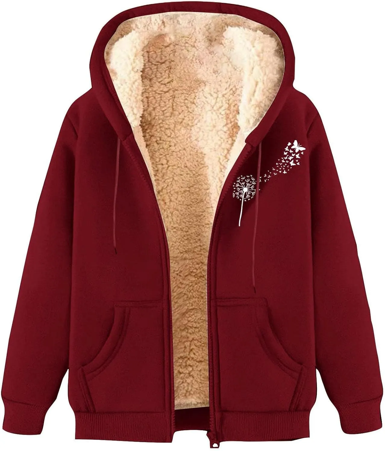 Sherpa Lined Hooded Jacket Women Graphic Soft Thick Full Zip Hoodie Solid Comfortable Zip Up Sweatshirt with Pockets