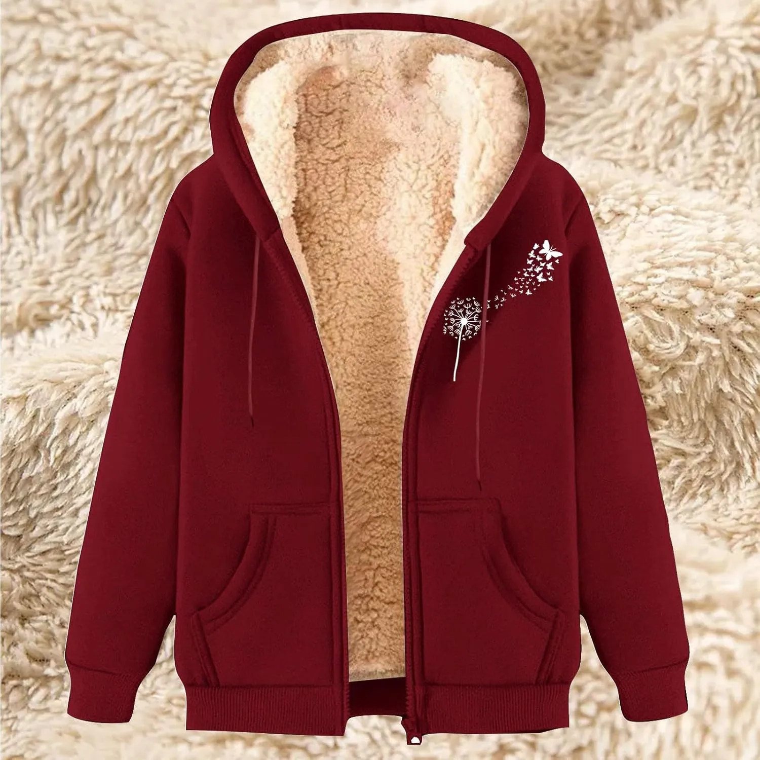 Sherpa Lined Hooded Jacket Women Graphic Soft Thick Full Zip Hoodie Solid Comfortable Zip Up Sweatshirt with Pockets