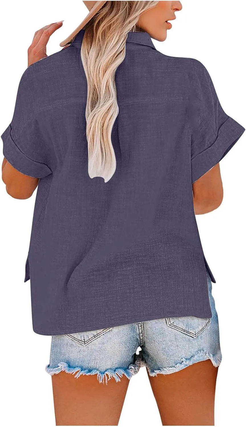 Shirts for Women Linen Summer Tops Button Down Collar Roll Up Short Sleeve T-Shirts Blouses Baggy Shirt with Pocket
