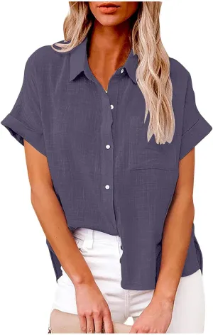 Shirts for Women Linen Summer Tops Button Down Collar Roll Up Short Sleeve T-Shirts Blouses Baggy Shirt with Pocket