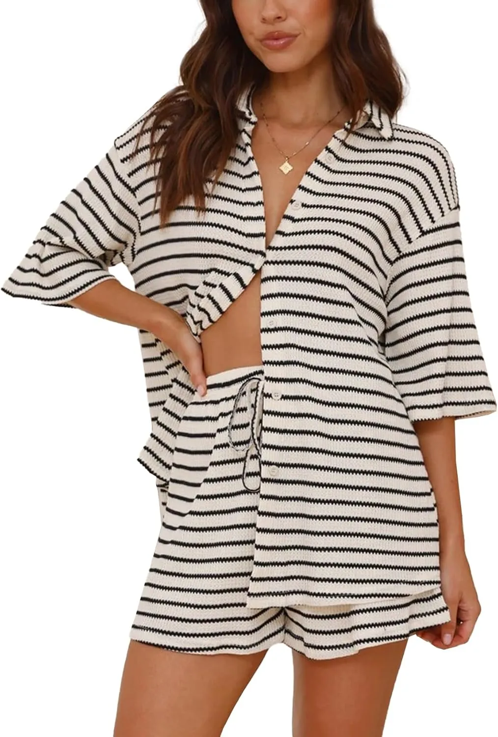 Shiyifa Womens Summer 2 Piece Shorts Sets Polo Neck Short Sleeve Top High Waist Shorts Knit Lounge Striped Outfits