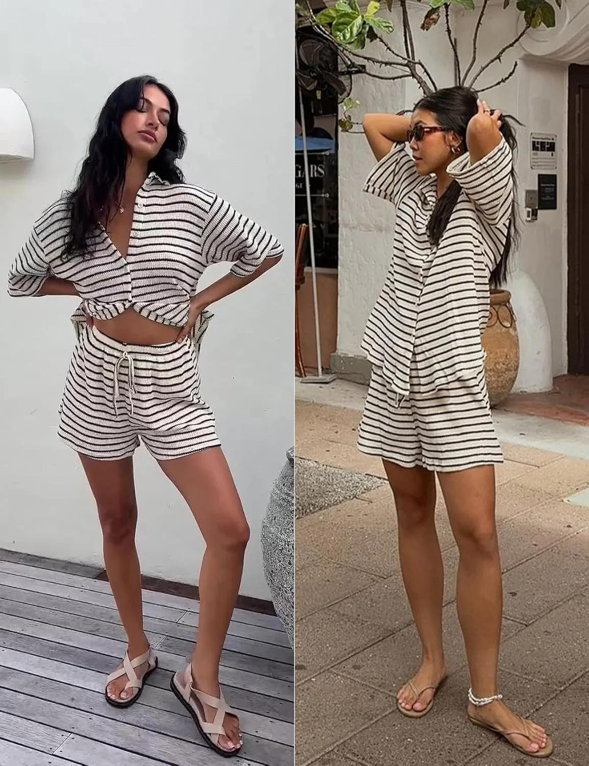 Shiyifa Womens Summer 2 Piece Shorts Sets Polo Neck Short Sleeve Top High Waist Shorts Knit Lounge Striped Outfits