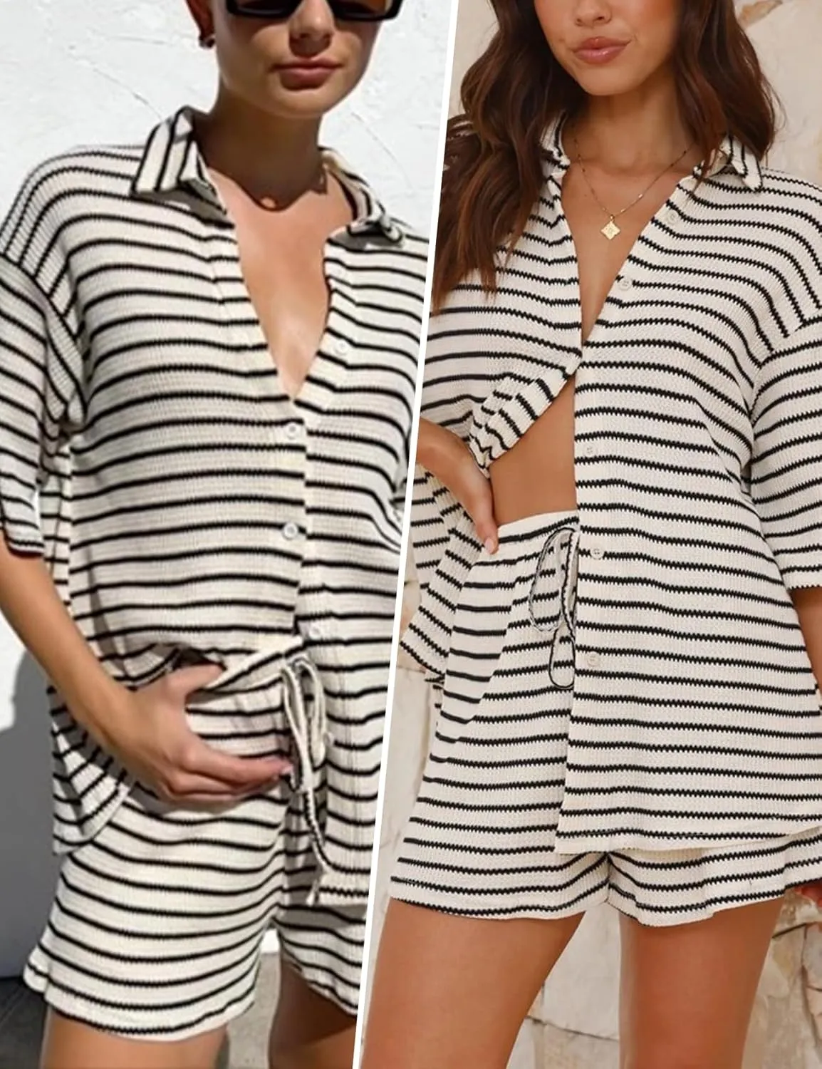 Shiyifa Womens Summer 2 Piece Shorts Sets Polo Neck Short Sleeve Top High Waist Shorts Knit Lounge Striped Outfits