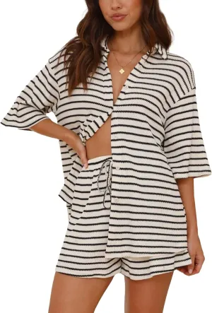 Shiyifa Womens Summer 2 Piece Shorts Sets Polo Neck Short Sleeve Top High Waist Shorts Knit Lounge Striped Outfits