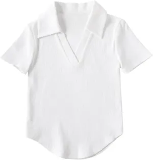 Short Sleeve V Neck Collared Summer Ribbed Tops Basic Solid Color Slim Fitted T Shirts