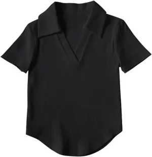 Short Sleeve V Neck Collared Summer Ribbed Tops Basic Solid Color Slim Fitted T Shirts