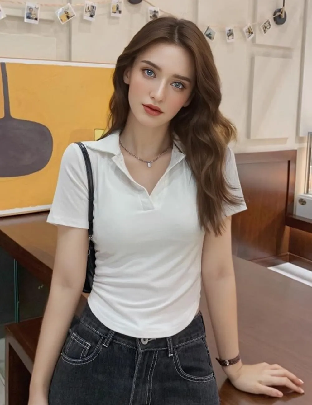 Short Sleeve V Neck Collared Summer Ribbed Tops Basic Solid Color Slim Fitted T Shirts