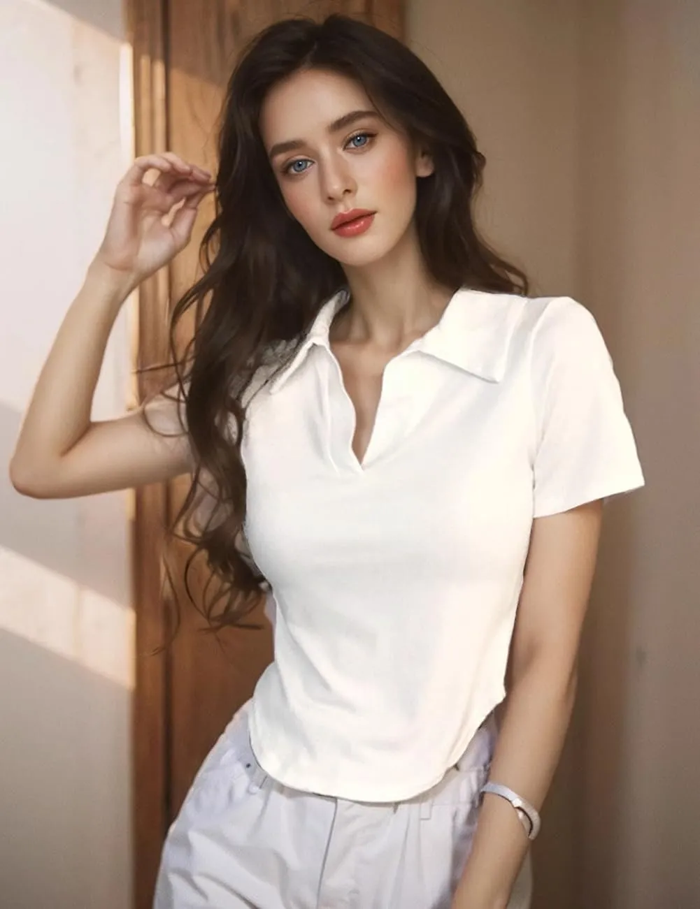 Short Sleeve V Neck Collared Summer Ribbed Tops Basic Solid Color Slim Fitted T Shirts