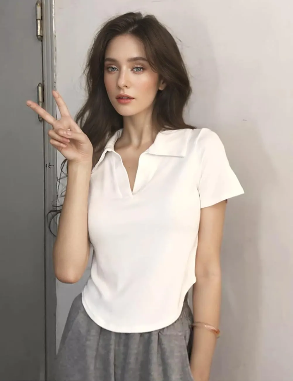 Short Sleeve V Neck Collared Summer Ribbed Tops Basic Solid Color Slim Fitted T Shirts
