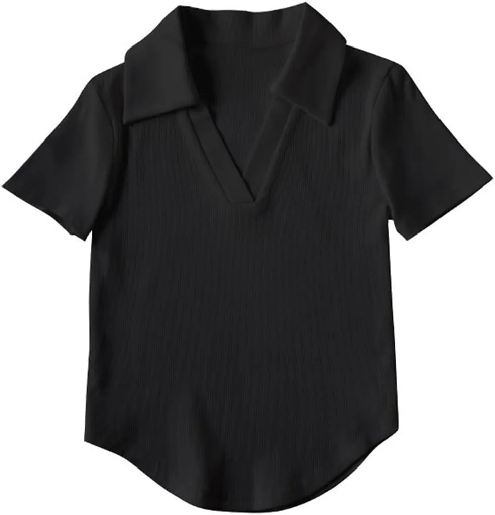 Short Sleeve V Neck Collared Summer Ribbed Tops Basic Solid Color Slim Fitted T Shirts