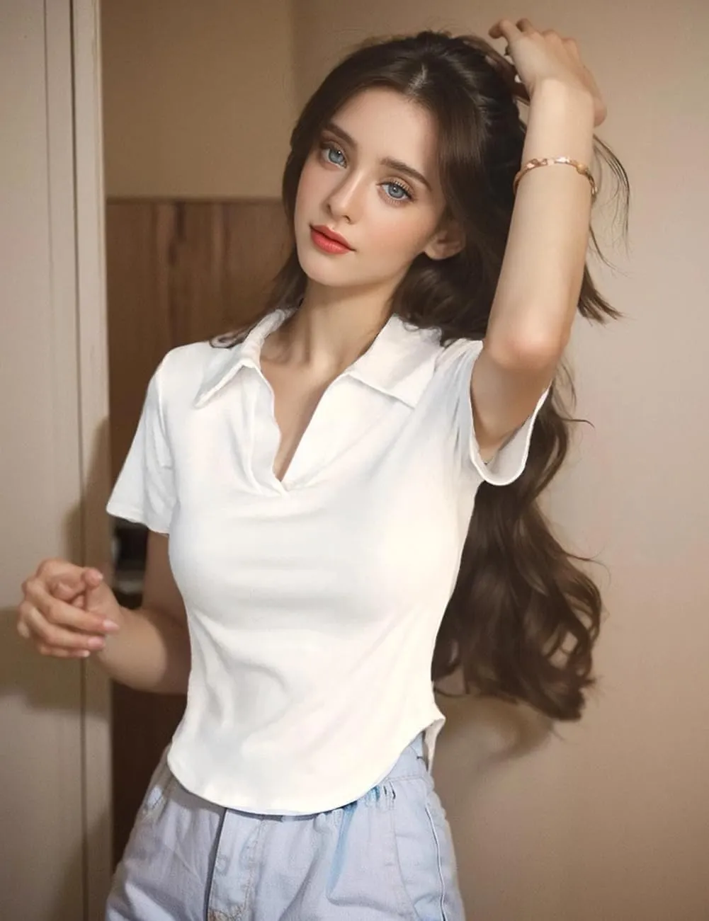 Short Sleeve V Neck Collared Summer Ribbed Tops Basic Solid Color Slim Fitted T Shirts
