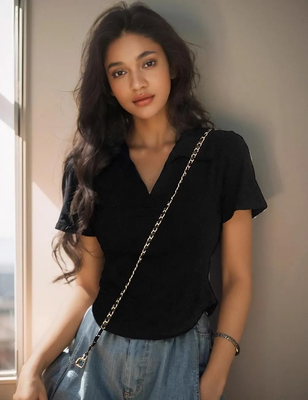 Short Sleeve V Neck Collared Summer Ribbed Tops Basic Solid Color Slim Fitted T Shirts