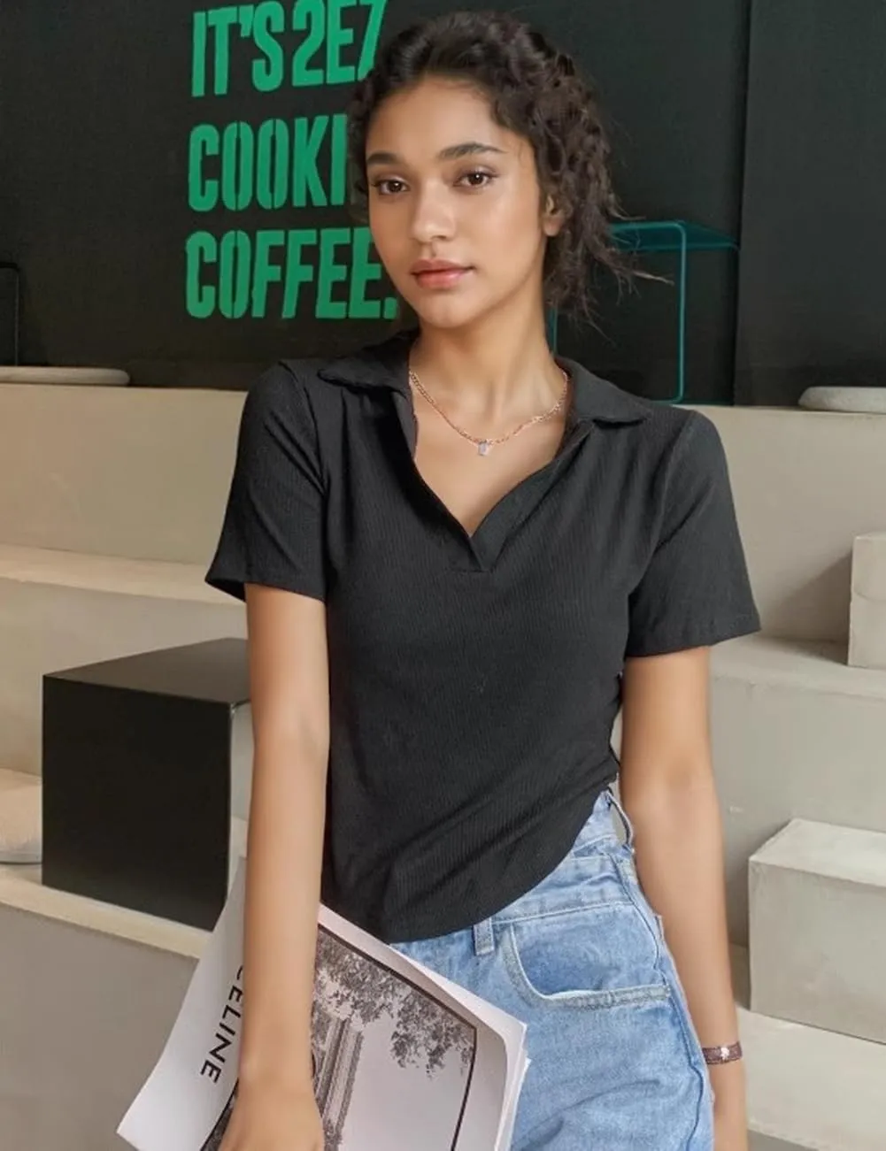 Short Sleeve V Neck Collared Summer Ribbed Tops Basic Solid Color Slim Fitted T Shirts
