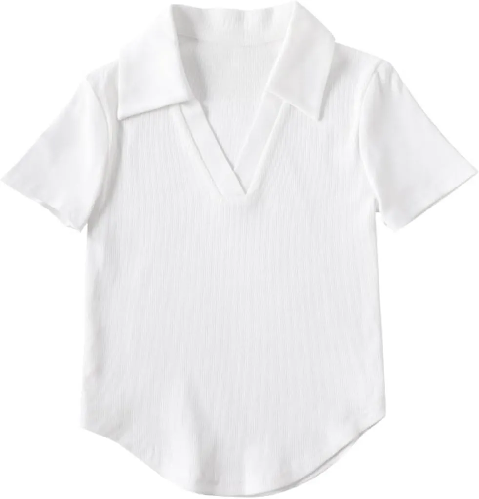 Short Sleeve V Neck Collared Summer Ribbed Tops Basic Solid Color Slim Fitted T Shirts