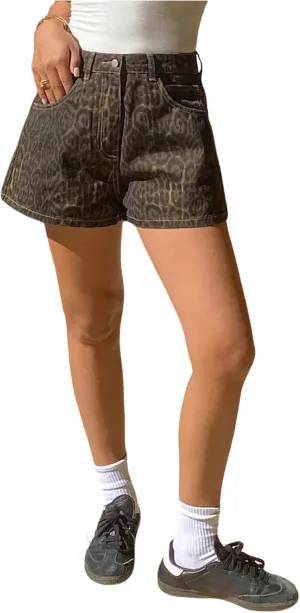 SOLY HUX Women's Leopard Print Wide Leg Jean Shorts Y2k High Waisted Loose Denim Shorts Streetwear