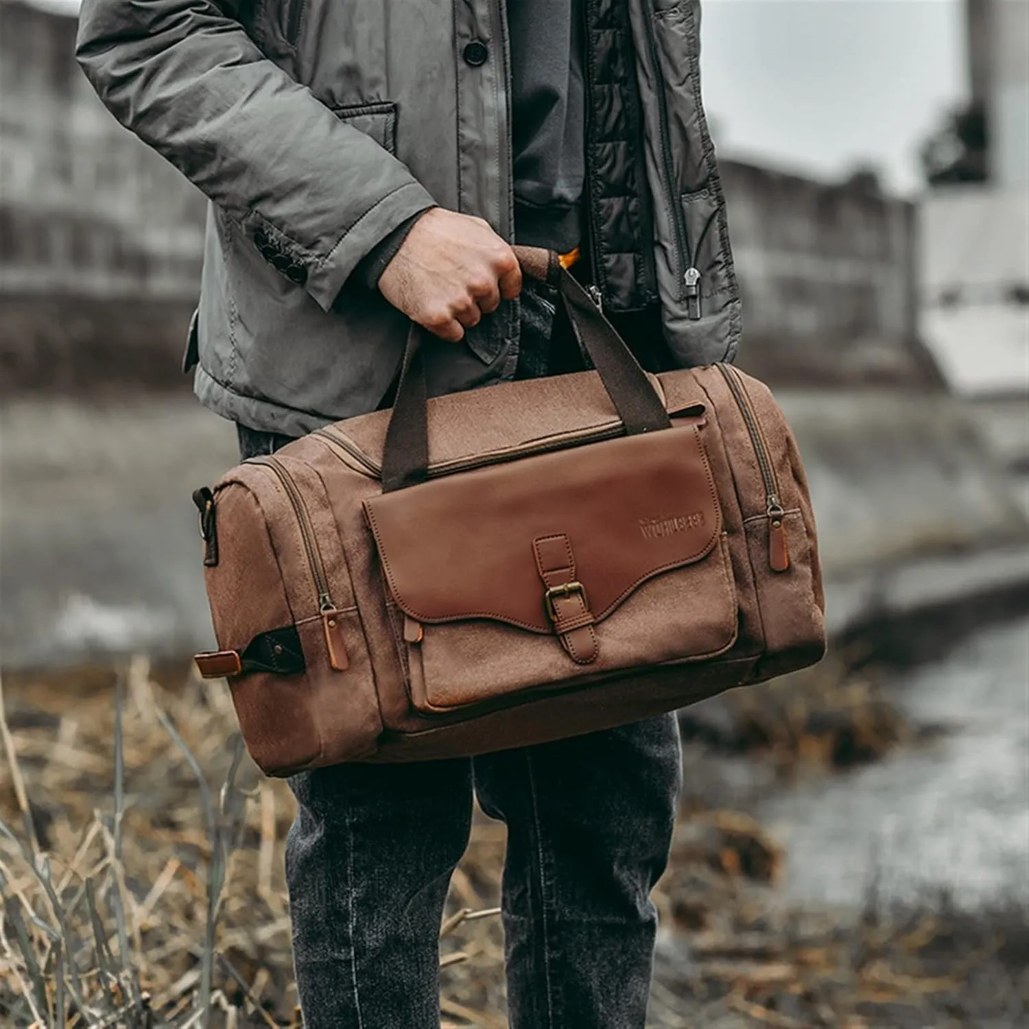 Sports Duffel Bags Men Large Capacity Canvas Multifunction Leather Bags Carry on Luggage Bag Tote Utility Travel Bag Weekender Bag Travel Man(Black)