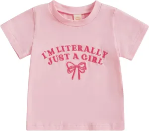Summer Toddler Baby Girl T-Shirt Bow Letter Embroidery Short Sleeve Tops Cute Graphic Tee Spring Clothes