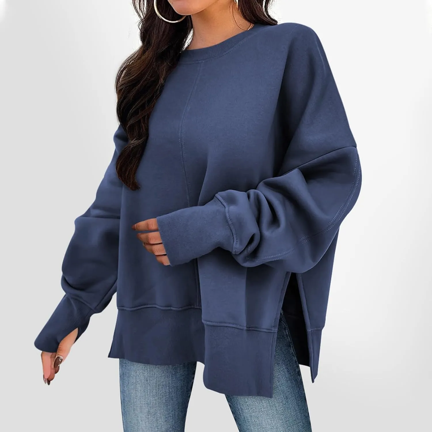 Sweaters for Women Oversized Sweatshirt Side Split Crewneck Pullover Hoodie with Thumb Hole