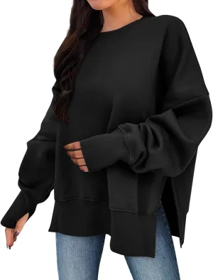 Sweaters for Women Oversized Sweatshirt Side Split Crewneck Pullover Hoodie with Thumb Hole