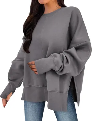 Sweaters for Women Oversized Sweatshirt Side Split Crewneck Pullover Hoodie with Thumb Hole