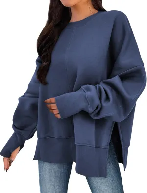 Sweaters for Women Oversized Sweatshirt Side Split Crewneck Pullover Hoodie with Thumb Hole