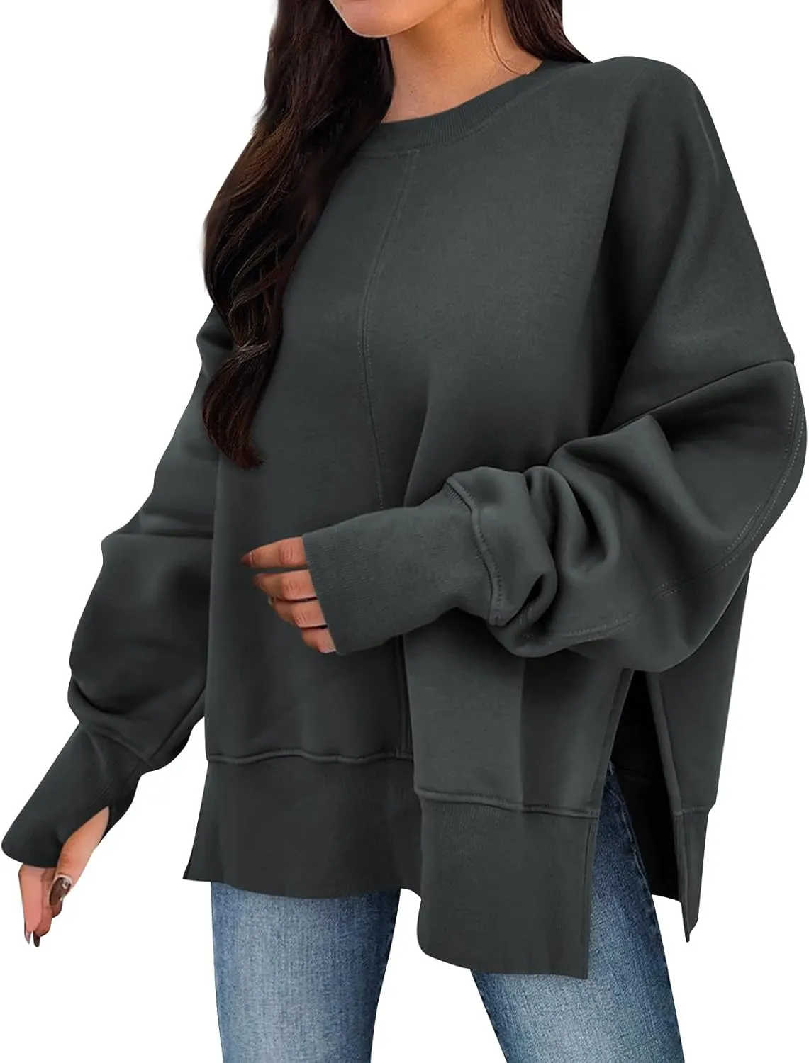 Sweaters for Women Oversized Sweatshirt Side Split Crewneck Pullover Hoodie with Thumb Hole
