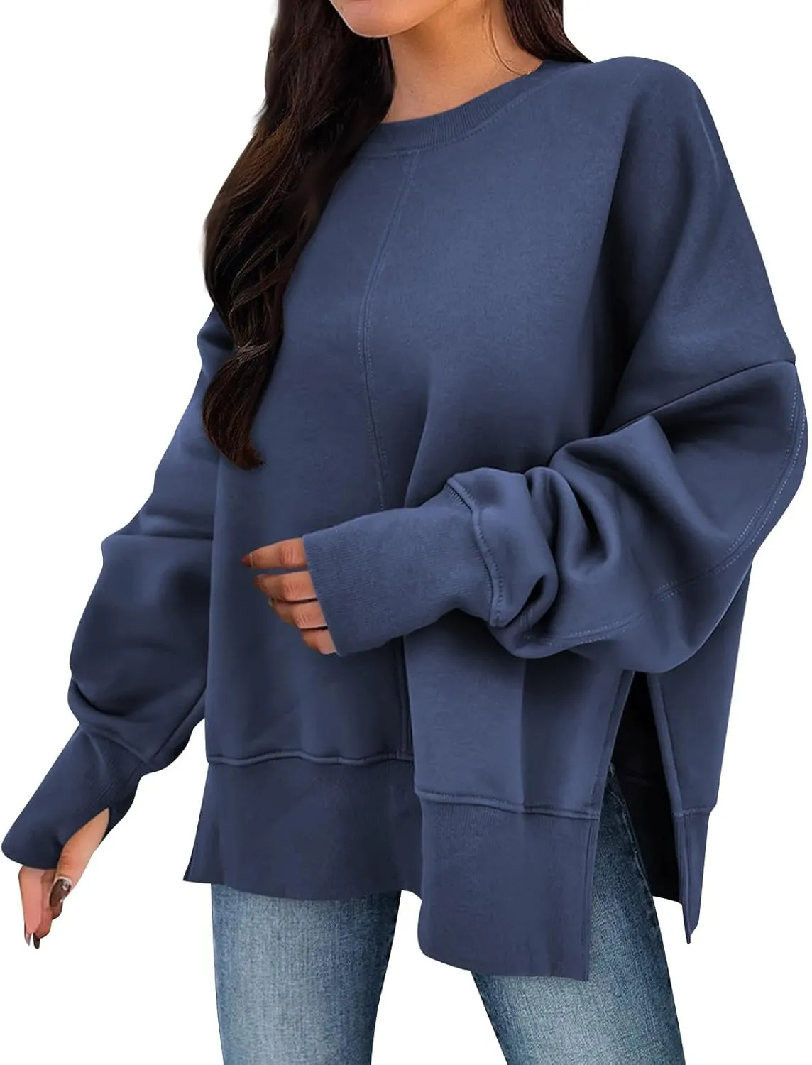 Sweaters for Women Oversized Sweatshirt Side Split Crewneck Pullover Hoodie with Thumb Hole