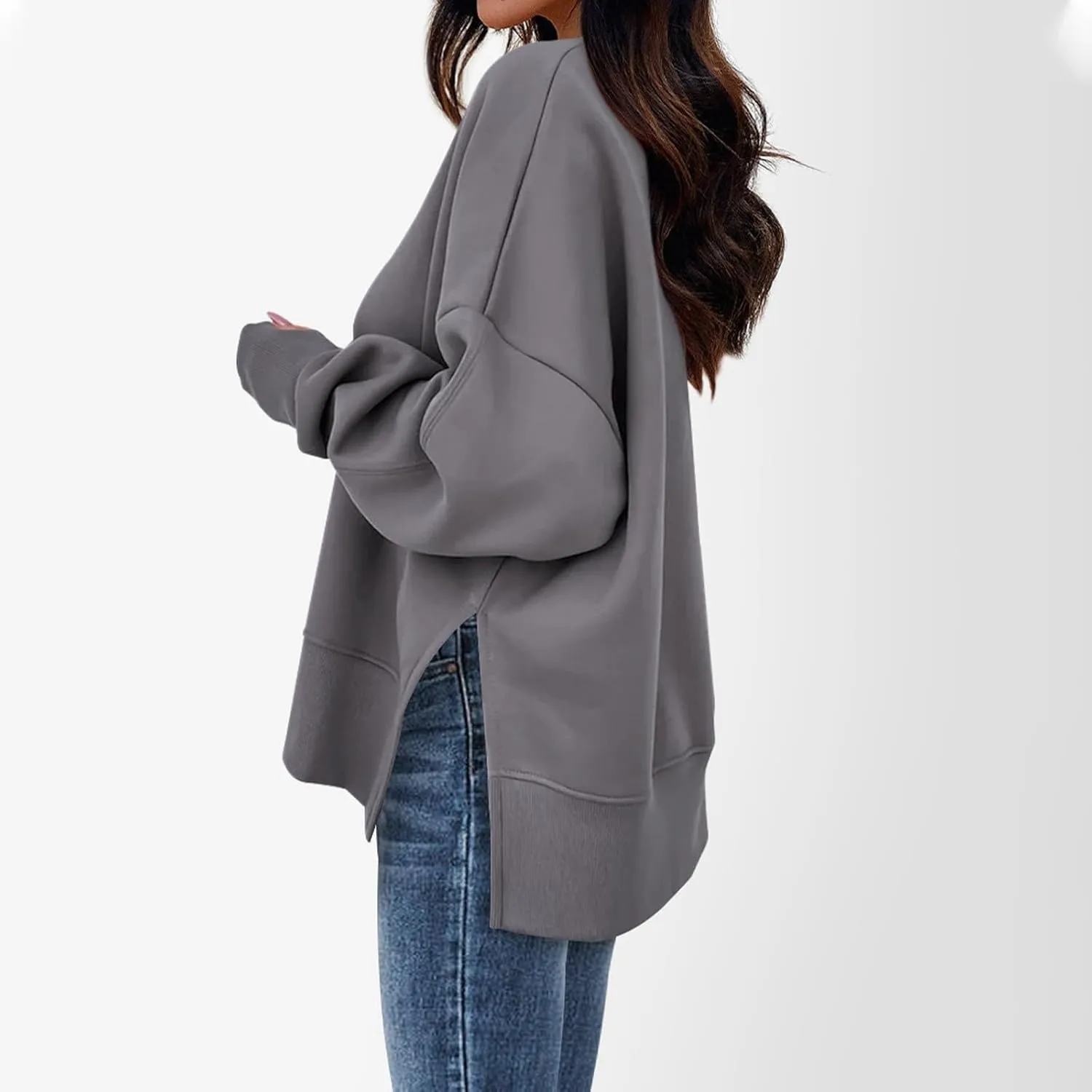 Sweaters for Women Oversized Sweatshirt Side Split Crewneck Pullover Hoodie with Thumb Hole