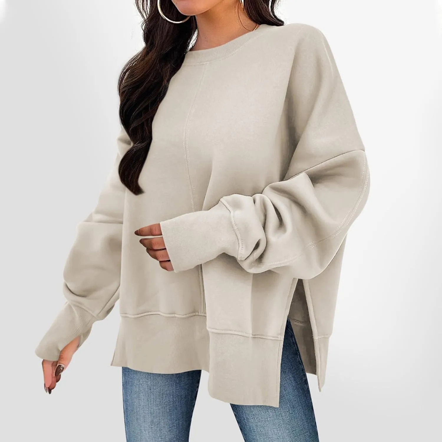Sweaters for Women Oversized Sweatshirt Side Split Crewneck Pullover Hoodie with Thumb Hole